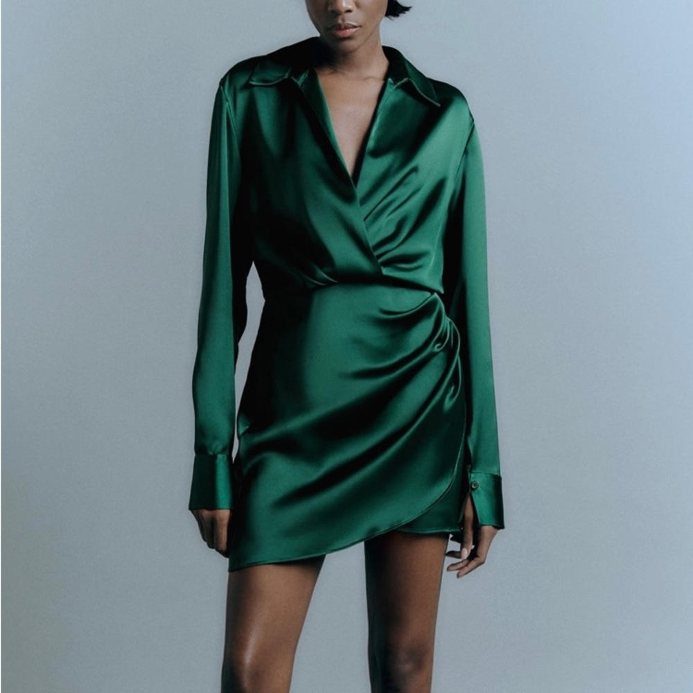 NWT Zara green satin dress mini long sleeve, size S